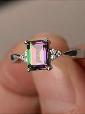 Mystic Topaz Emerald-Cut Halo Ring in Multicolor size 7